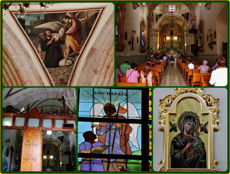 paintings and religious artwork are displayed on a church wall