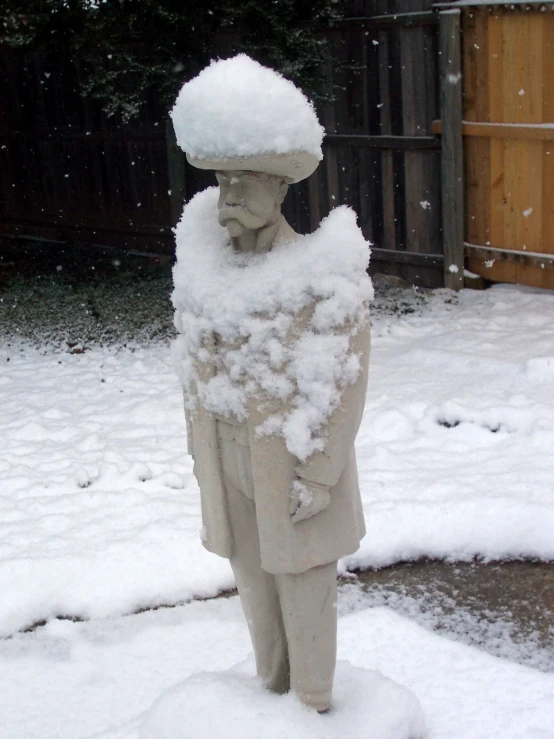 a snow covered statue that is in the snow