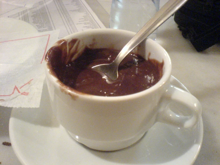 there is a spoon in a cup of chocolate