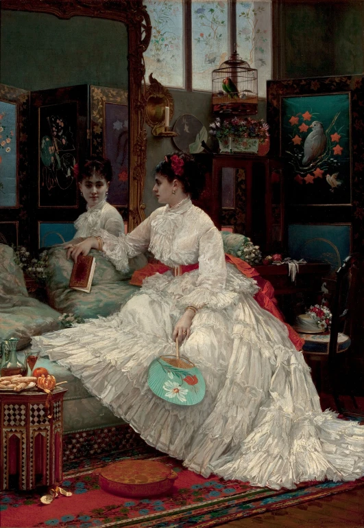 the painting shows two women in fancy clothing, one is sitting on the couch