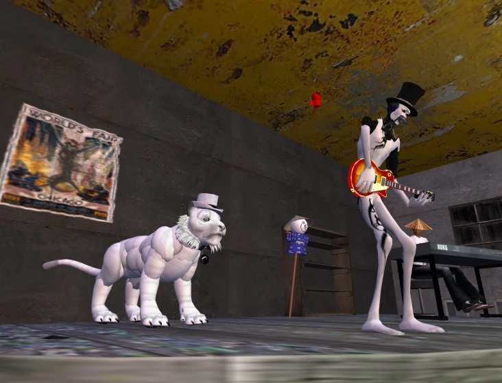the white animated animal is playing an electric guitar