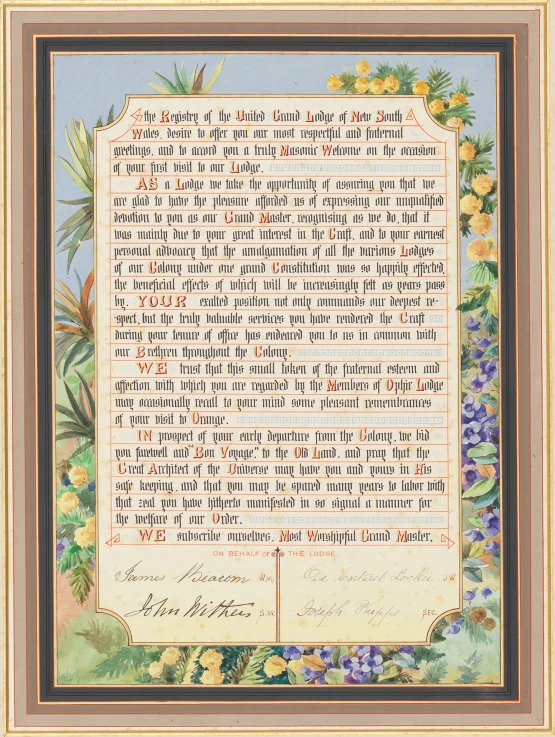 the illuminated text and illuminated flower border is framed in antique paper with gilded trim