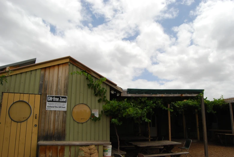 an old wooden building is standing out on a cloudy day