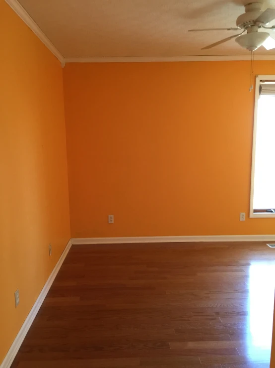 a bare room with hard wood floors and orange walls