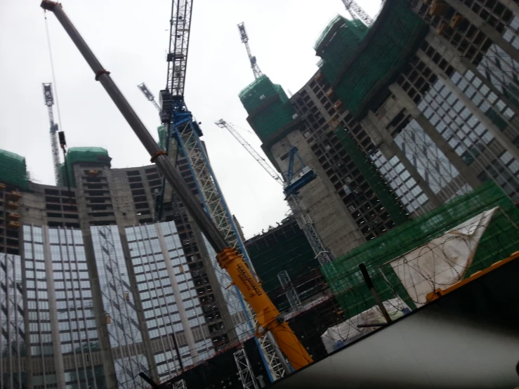 several construction cranes sit near the tops of high rise buildings