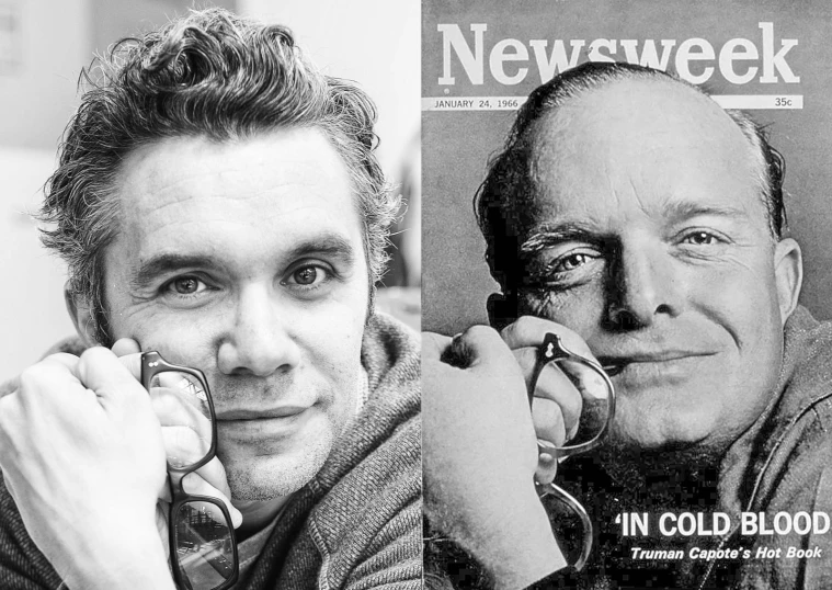 two images of two men on cellphones on a magazine cover