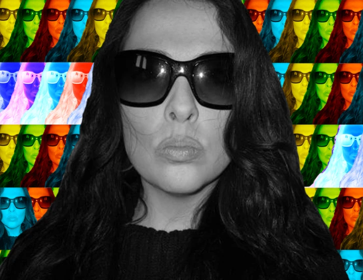 woman wearing sunglasses over face front of multicolored background