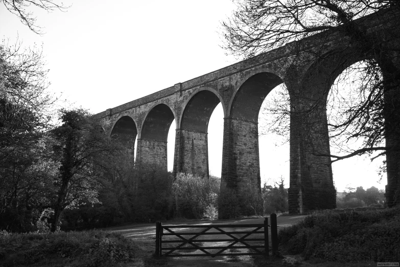 an old bridge crossing the water underneath some trees