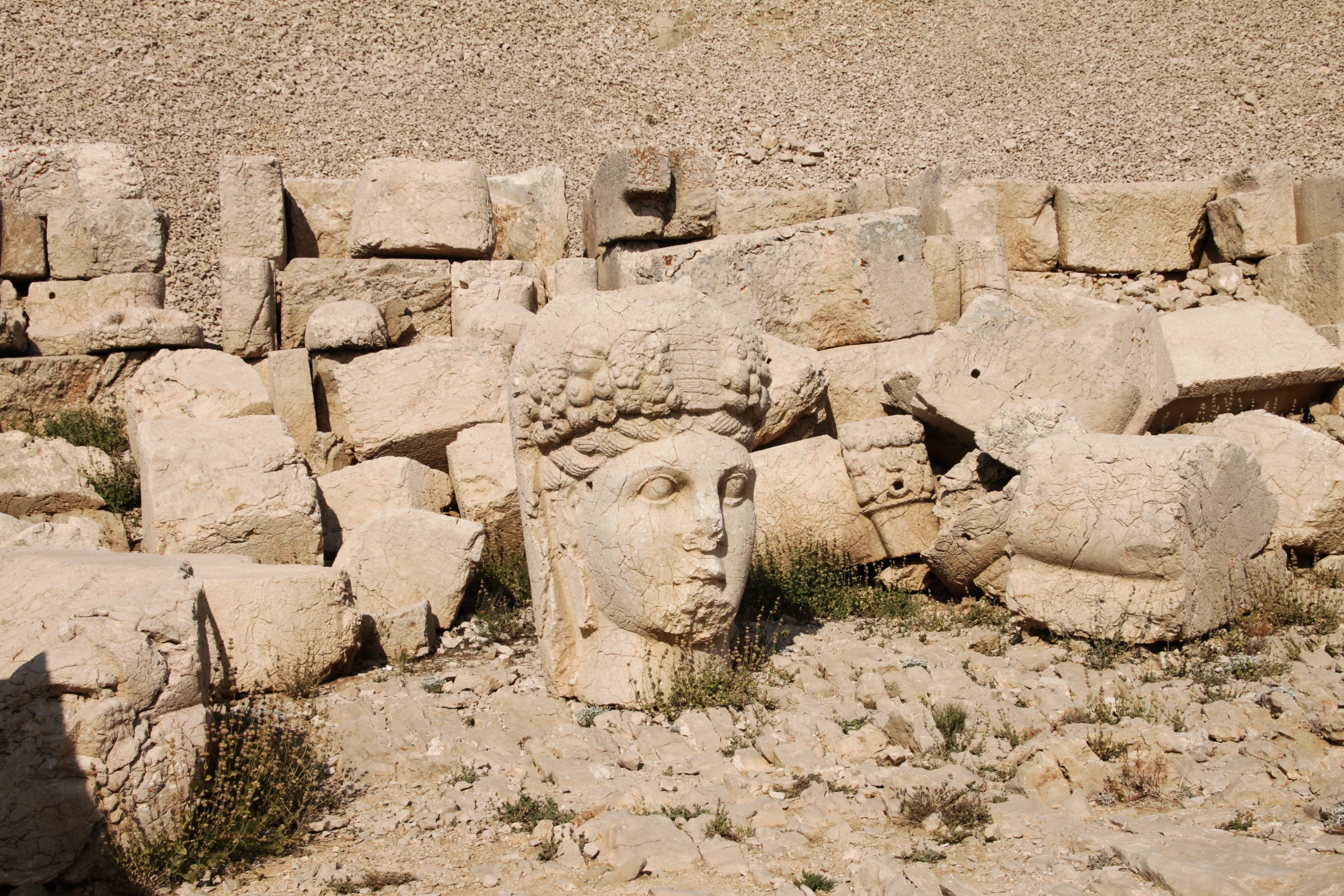 a head is shown in the center of a group of stone statues