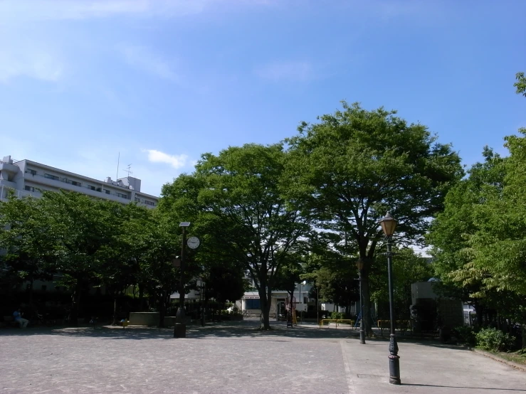 the streets in an area are busy with trees and pedestrians