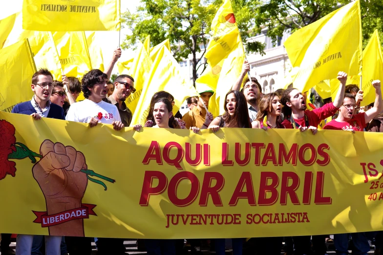 several people are protesting on a street