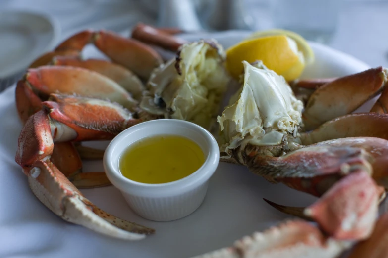 some white crab with one dipping sauce on a plate