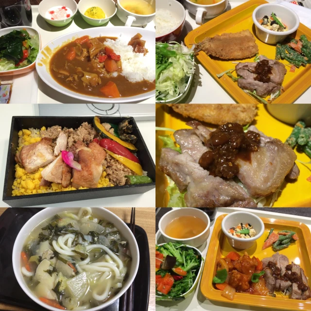 many dishes are arranged around a variety of food