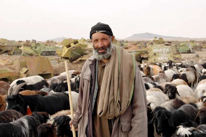 there is a man standing near herding animals