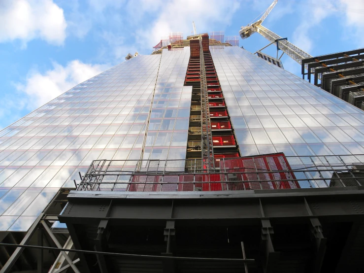 a view looking up at the top part of a large building