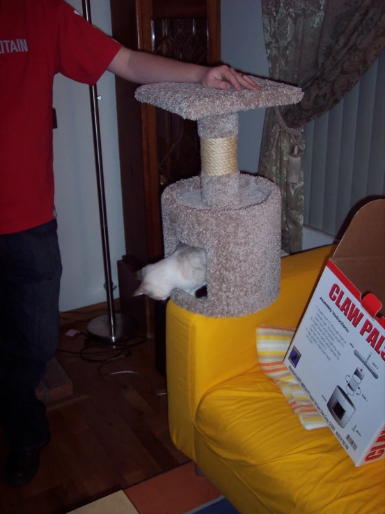 a white cat plays on a cat scratching tower