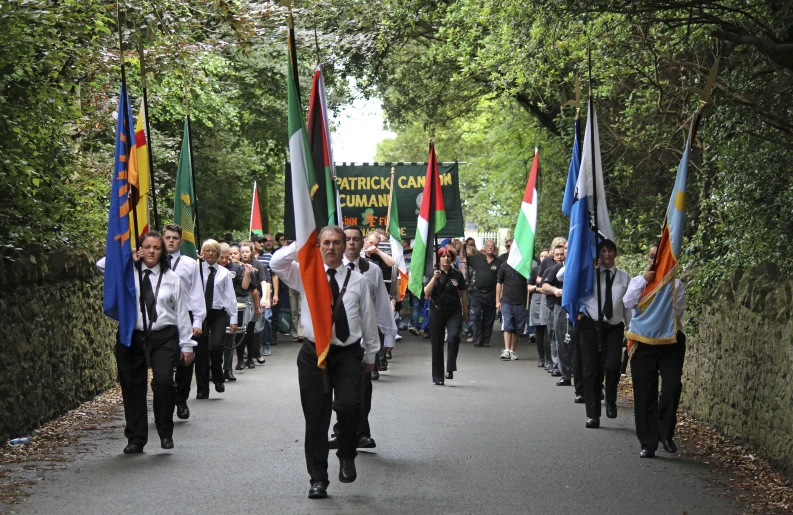 a group of people carrying flags and walking down a street