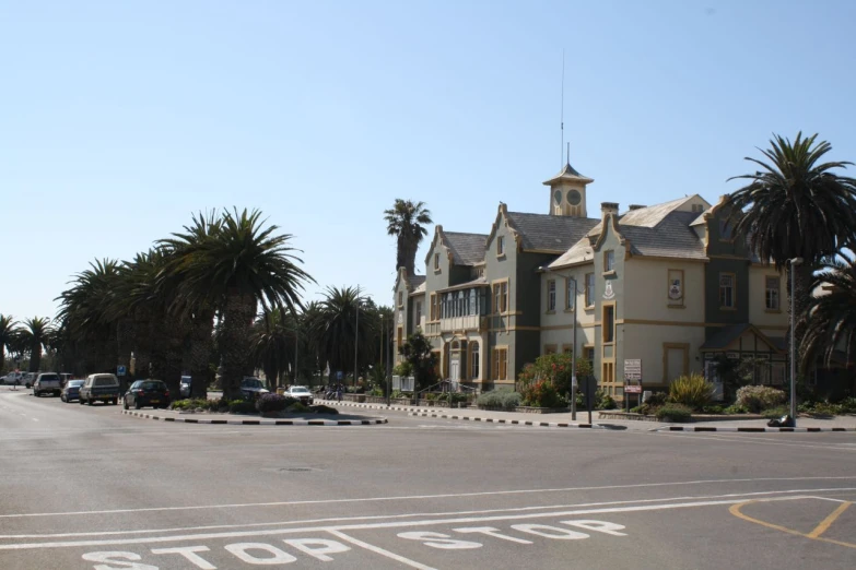 a street view of houses and palm trees