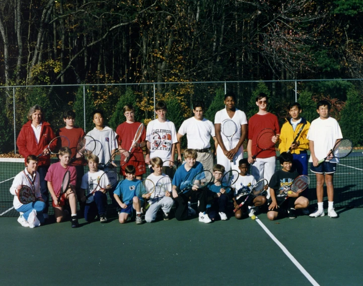 a group of people on a tennis court with rackets and balls