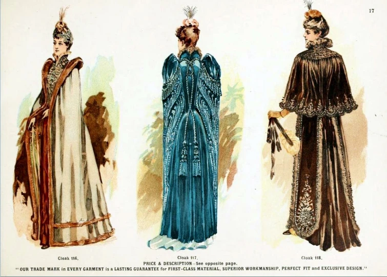 three women wearing dresses with crowns and pearls on top of their heads