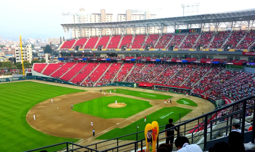 an aerial view of a baseball stadium looking towards home plate