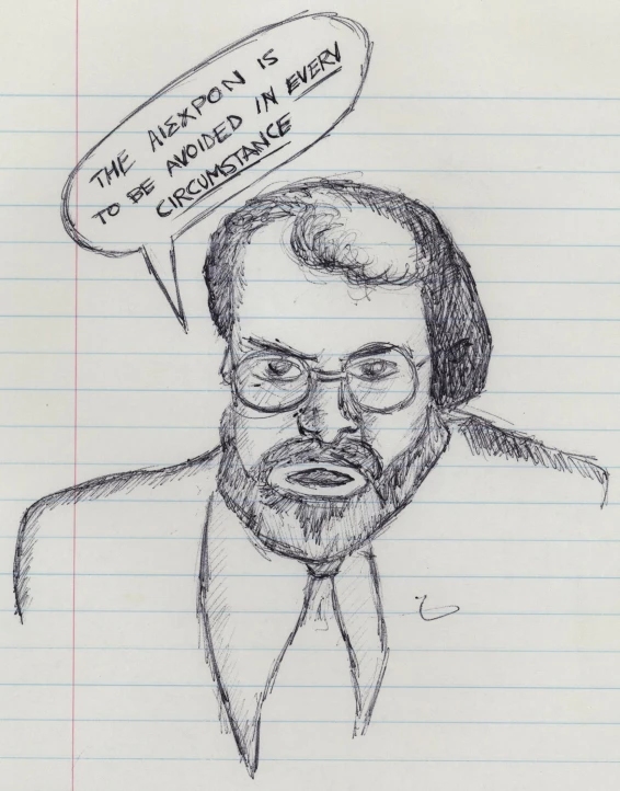 a drawing of a person in glasses with a speech bubble above their head