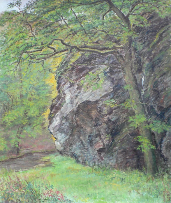 a painting of trees that have grown out of the rock