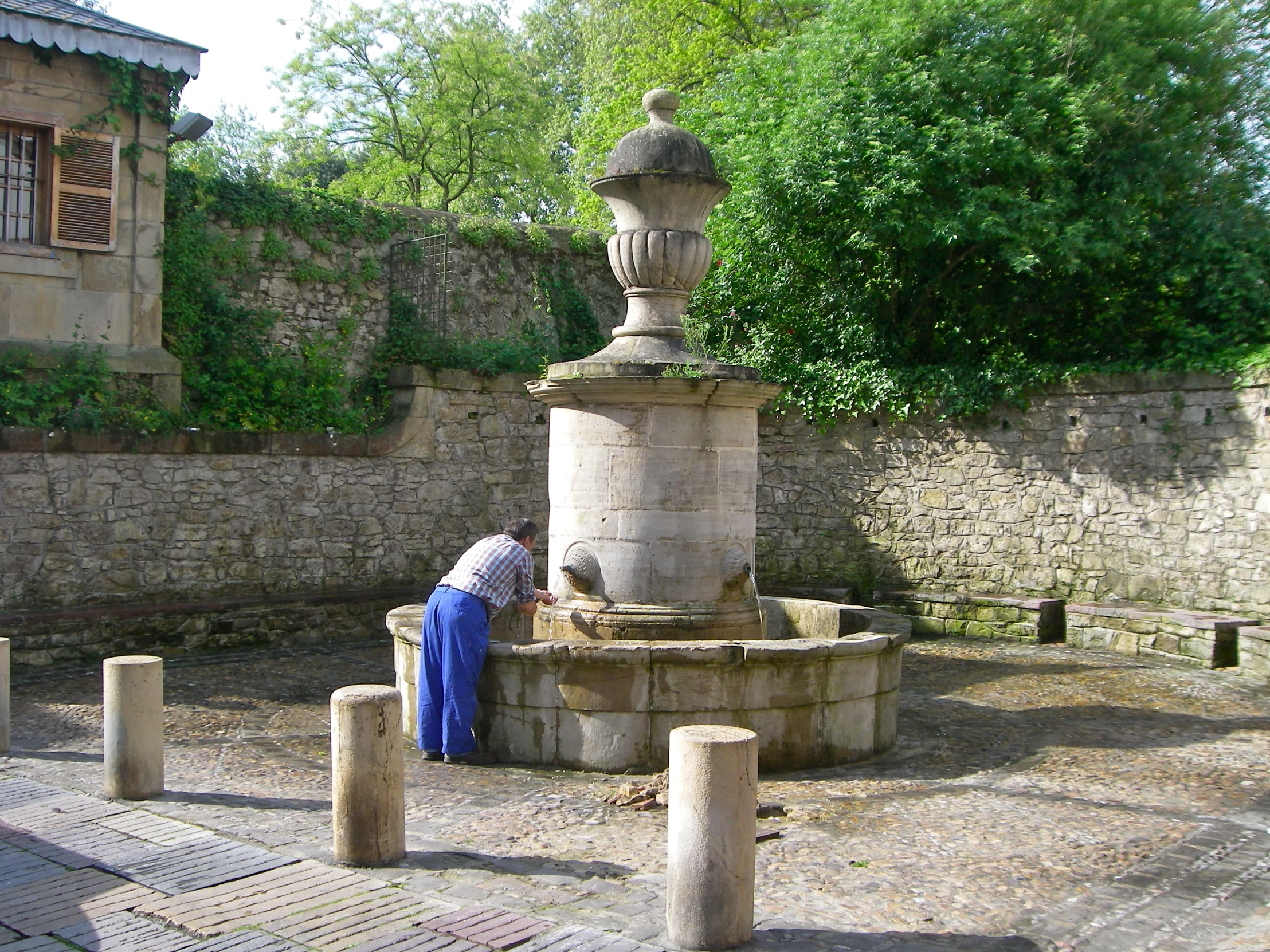 a person in blue stands in front of a fountain