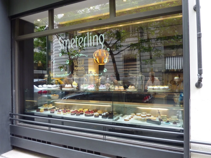 an outside view of a bakery that is not well organized