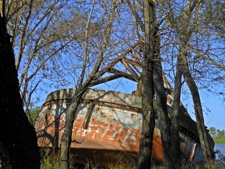 an old, rusty rusted boat is sitting between trees