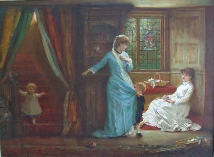 an old painting showing a woman, two children, and another child
