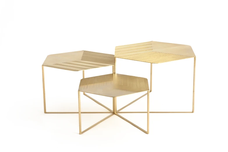 2 pieces of wood and metal furniture set up in three colors