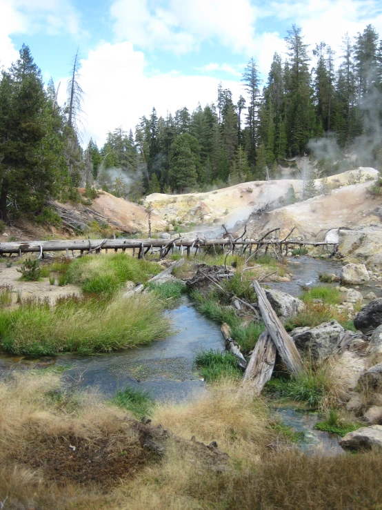 a scenic landscape s shows a creek and a wooden bridge