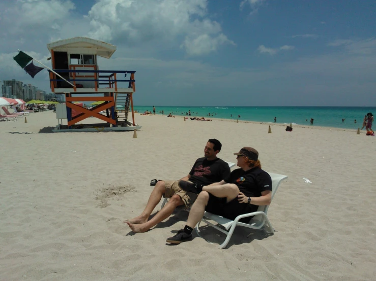 two men are relaxing on the beach