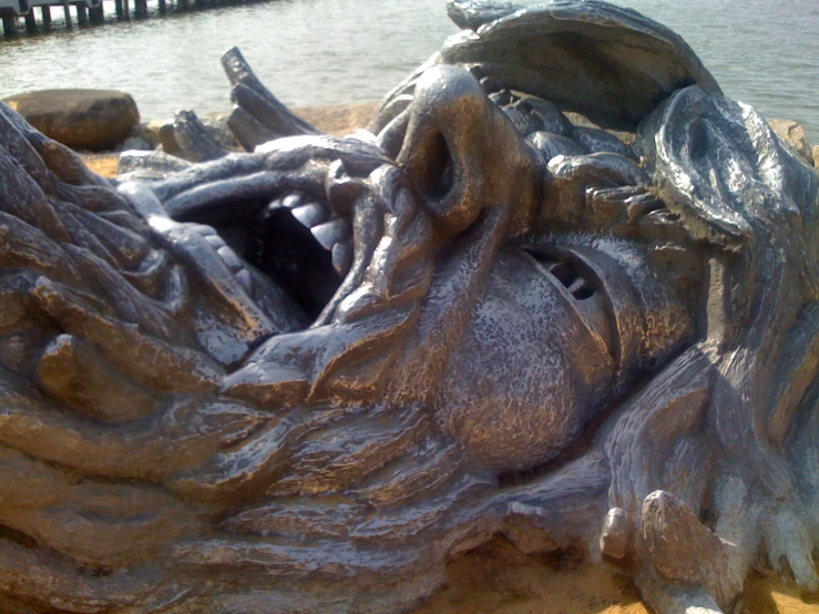 a close up s of a large statue near the water