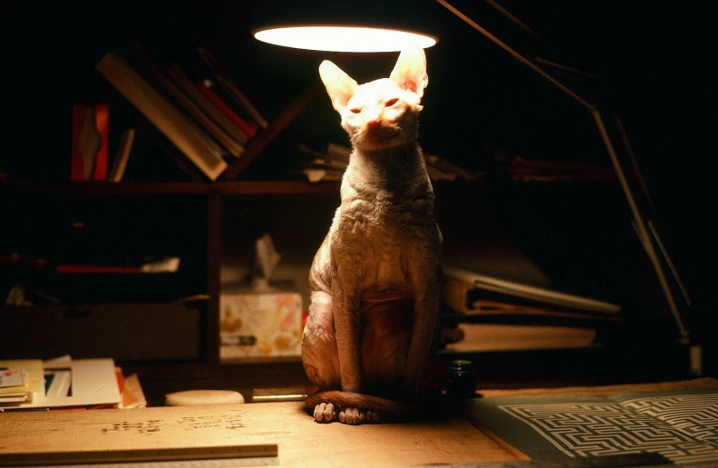 a cat sits in the dark under a lamp