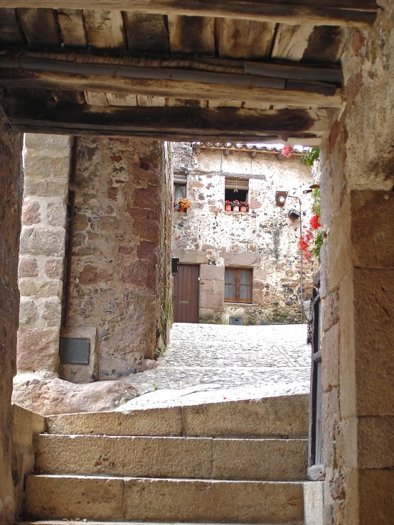 a view of a cobbled street from outside of a building