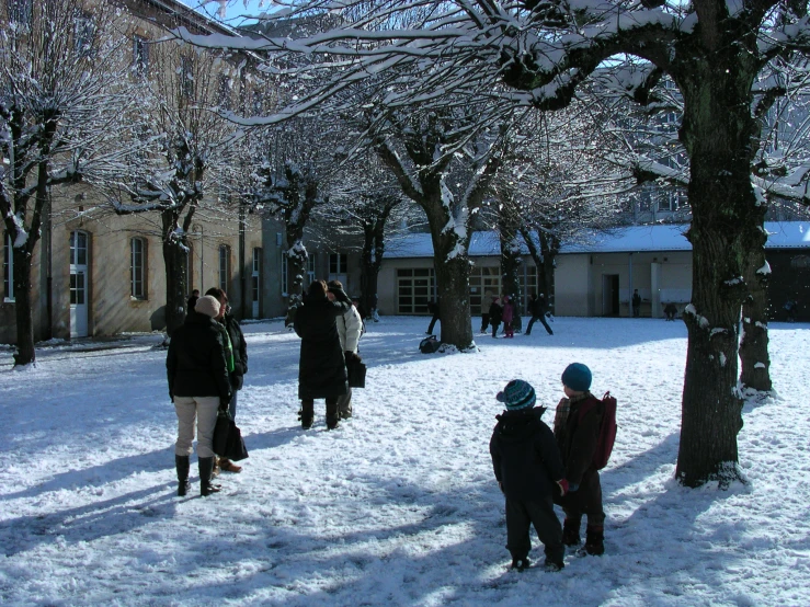 many people and small children are standing in the snow by trees