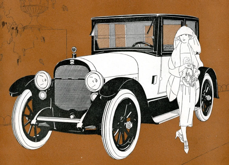 black and white drawing of an old fashion car on tan background