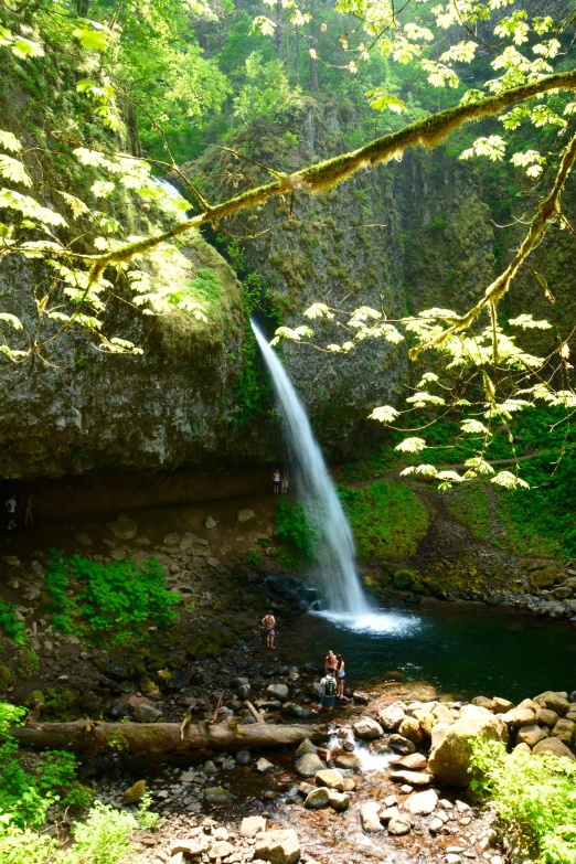 there are many people walking near the waterfall