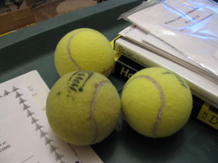 three tennis balls with the same time sitting on a desk