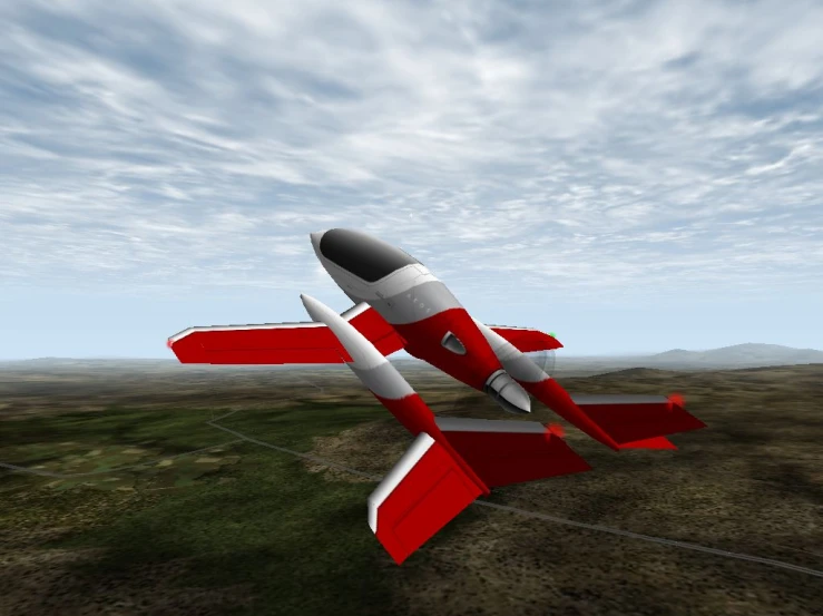 a large red and white plane flying in the sky