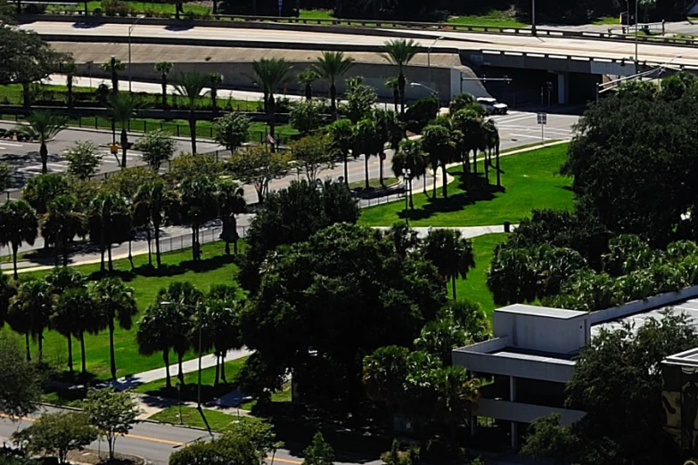 an aerial view of the intersection with a highway going through