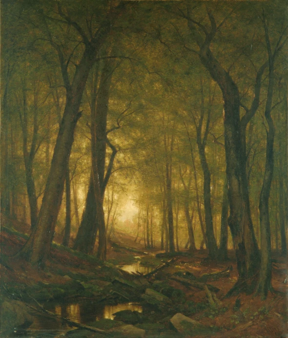 an oil painting of trees near water in the forest