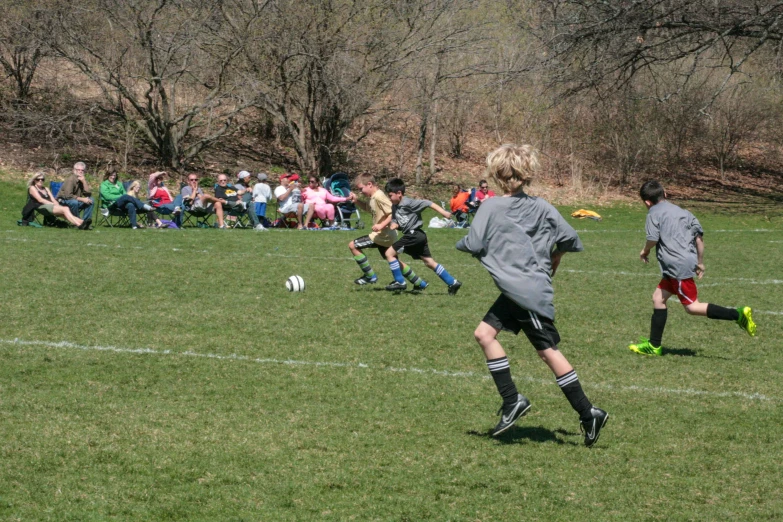 the boys are playing soccer with each other on the field