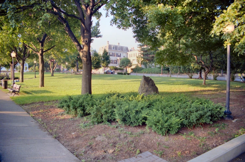 a large rock in the middle of a park