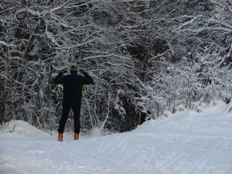 man in black jacket cross country skiing through snowy area