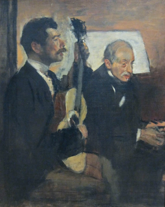 a painting of two men playing guitar next to each other