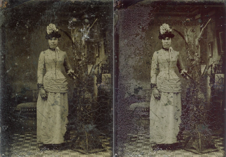 two old fashioned pographs of women standing next to each other