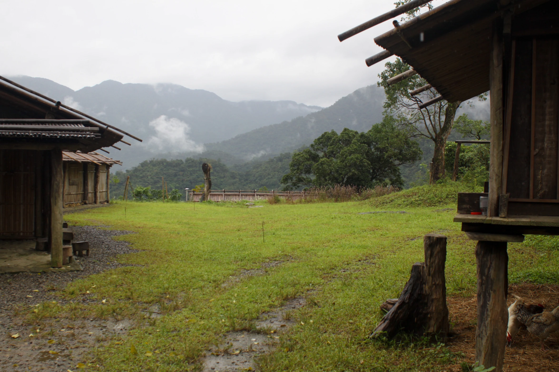 small cabins sit on grass in front of a mountain range